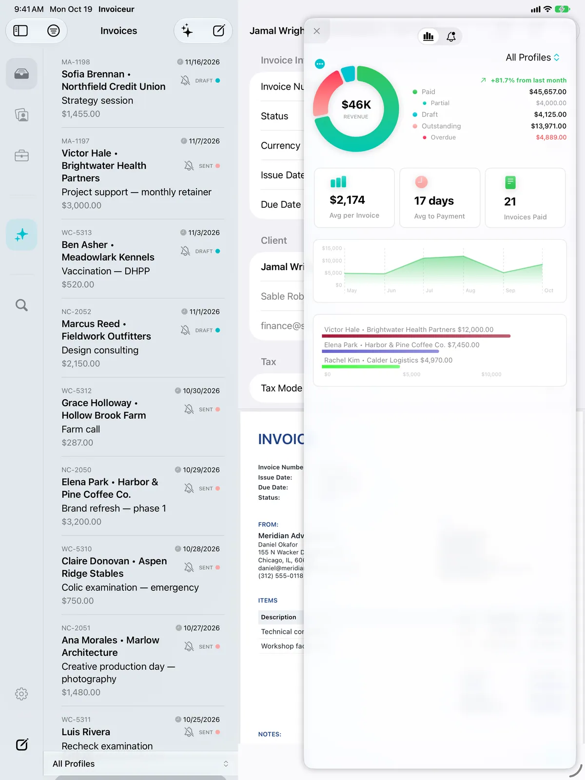 Invoiceur on iPad: Insights next to the invoice list