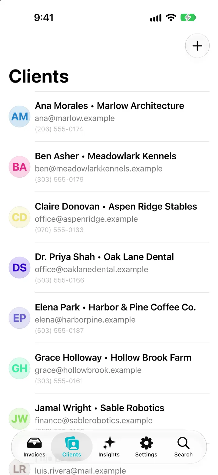 The Clients list with businesses and contacts