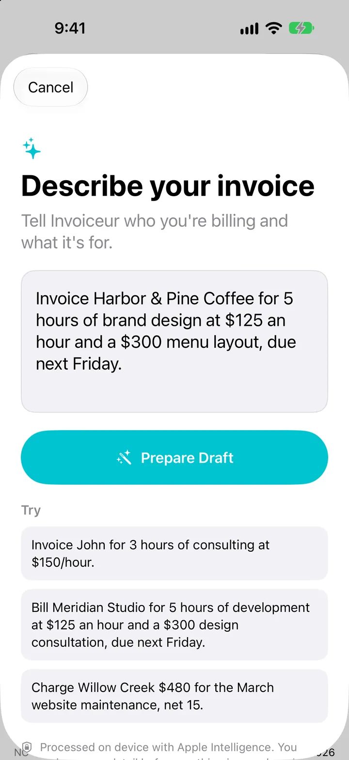 The “Describe your invoice” screen with the description typed in