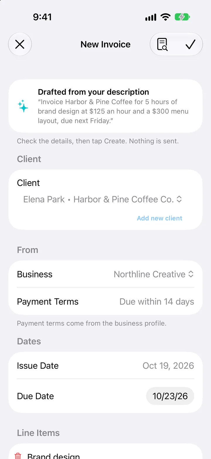 The invoice editor filled in from the description, ready to create