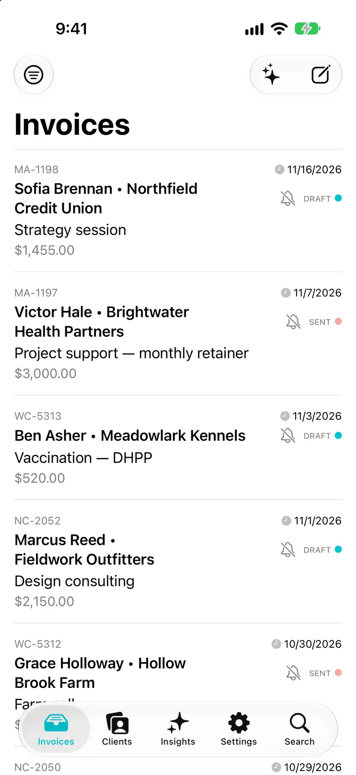 Invoiceur on iPhone: the invoice list