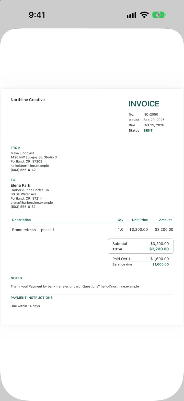 A partially paid invoice PDF showing the payment received and the remaining balance
