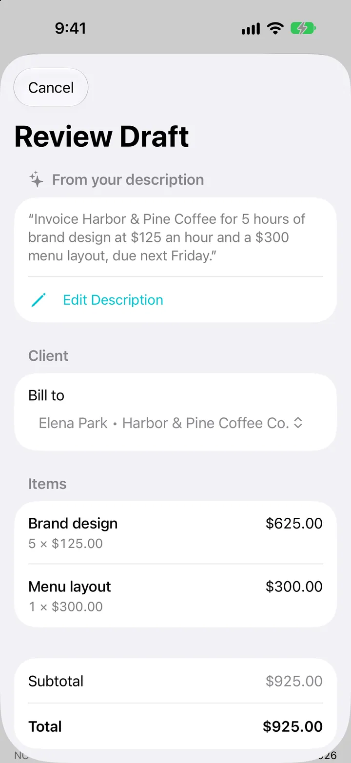 Invoiceur on iPhone reviewing a draft prepared from the description “Invoice Harbor & Pine Coffee for 5 hours of brand design at $125 an hour and a $300 menu layout, due next Friday”