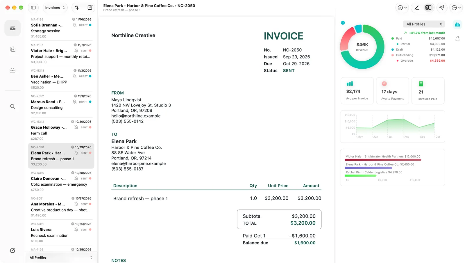 Invoiceur on Mac: the invoice list, an invoice for Harbor & Pine Coffee Co. with its PDF showing a payment received and the balance due, and Insights